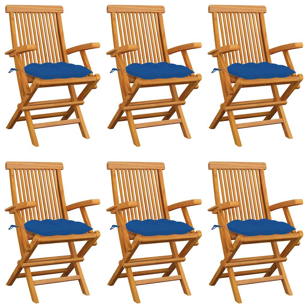 Klappstühle mit blauen Kissen, 6-teilig, Massivholz Teakholz