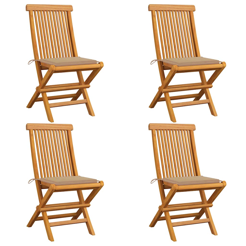 Klappstühle mit beigen Kissen, 4 Stück, Massivholz Teakholz