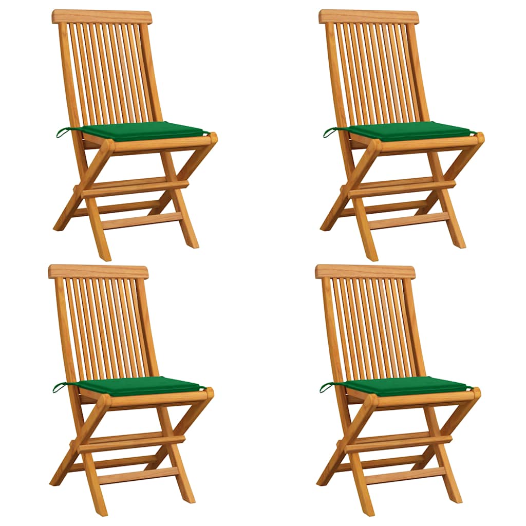 Klappstühle mit grünen Kissen, 4 Stück, Massivholz Teakholz