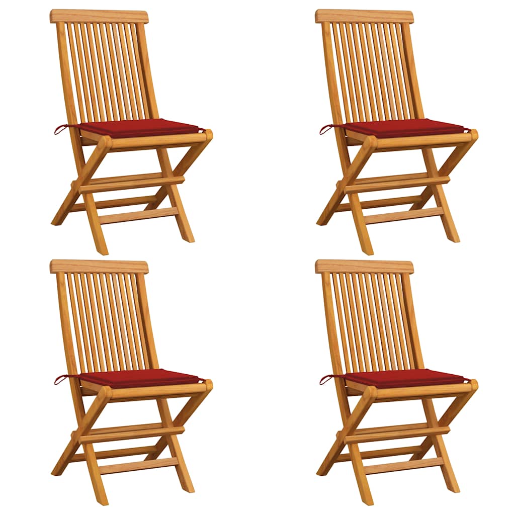 Klappstühle mit roten Kissen, 4 Stück, Massivholz Teakholz