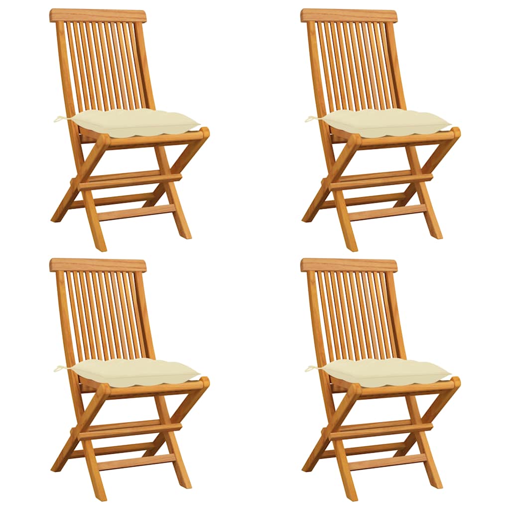 Klappstühle mit cremeweißen Kissen, 4 Stück, Massivholz Teakholz