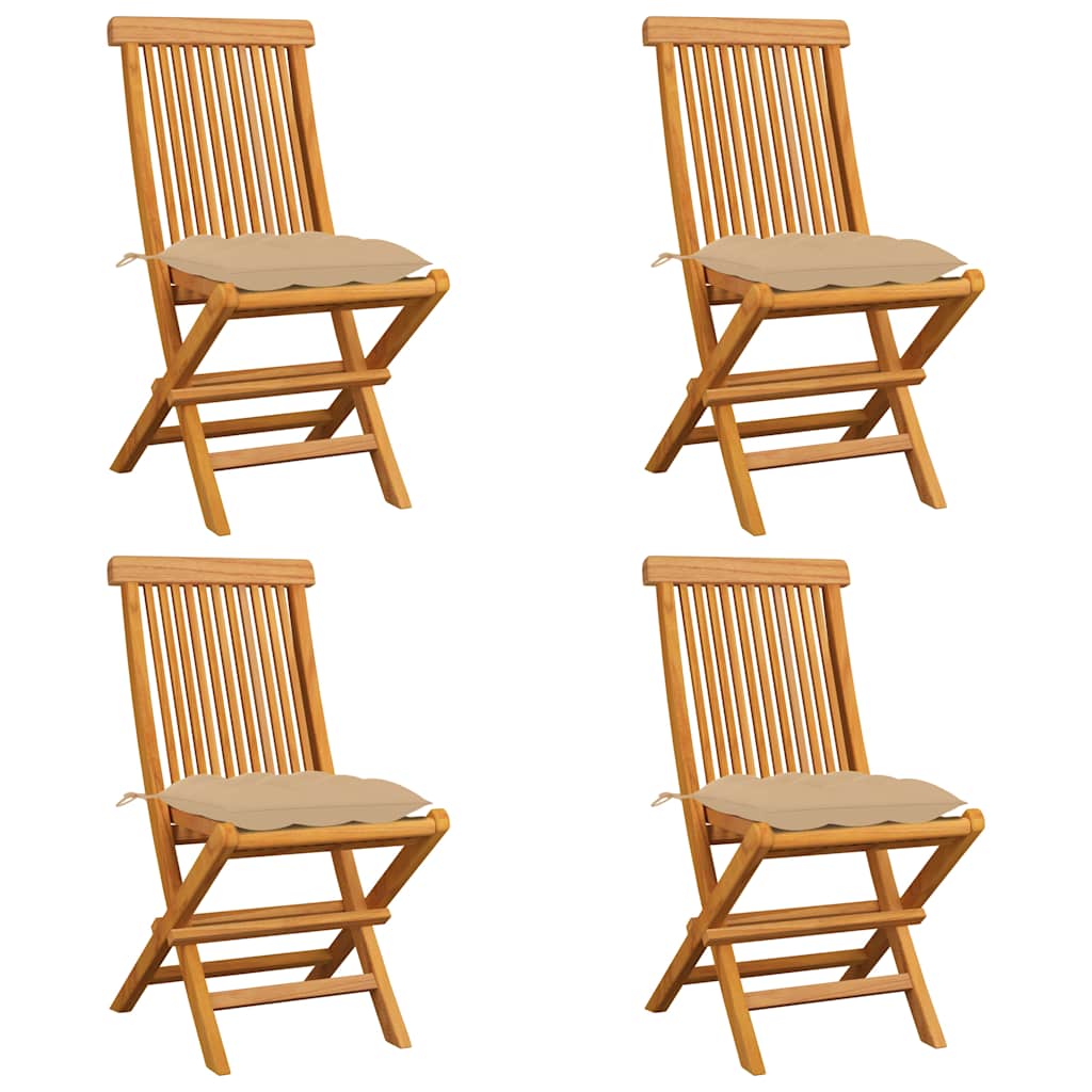 Klappstühle mit beigen Kissen, 4 Stück, Massivholz Teakholz