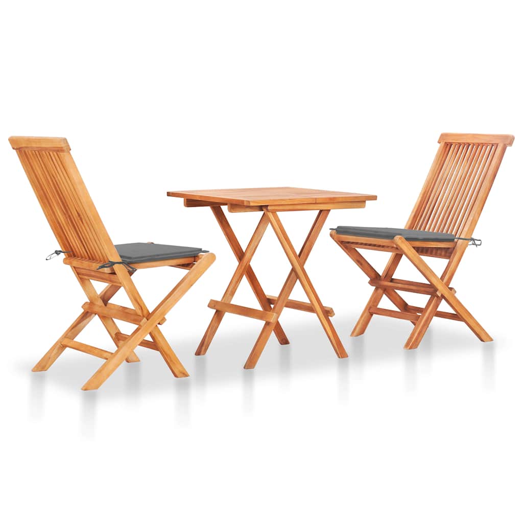 3-tlg. Bistroset mit Grauen Kissen Massivholz Teak