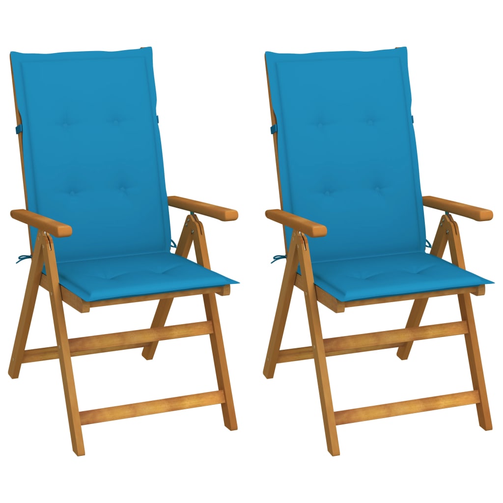 2 verstellbare Klappstühle mit Kissen aus massivem Akazienholz