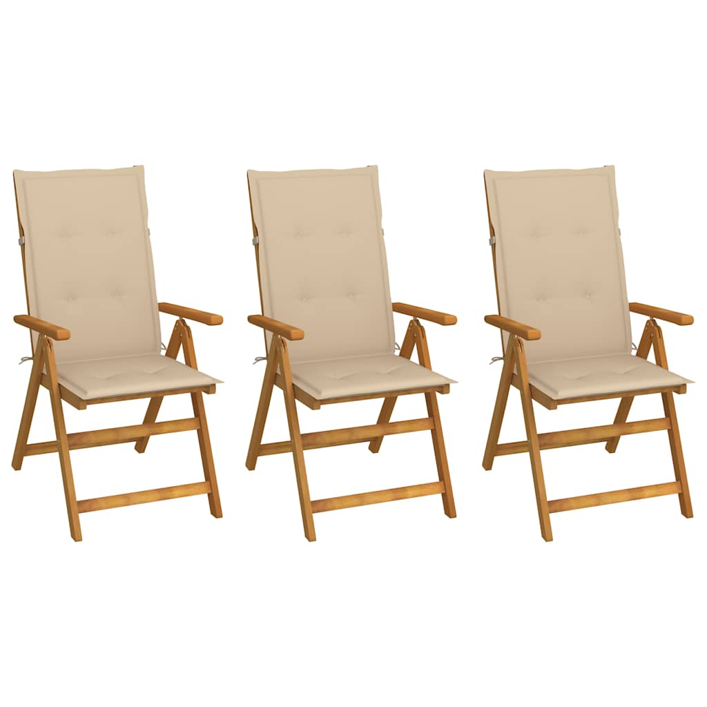 Klappstühle, 3er-Set mit Kissen, aus massivem Akazienholz