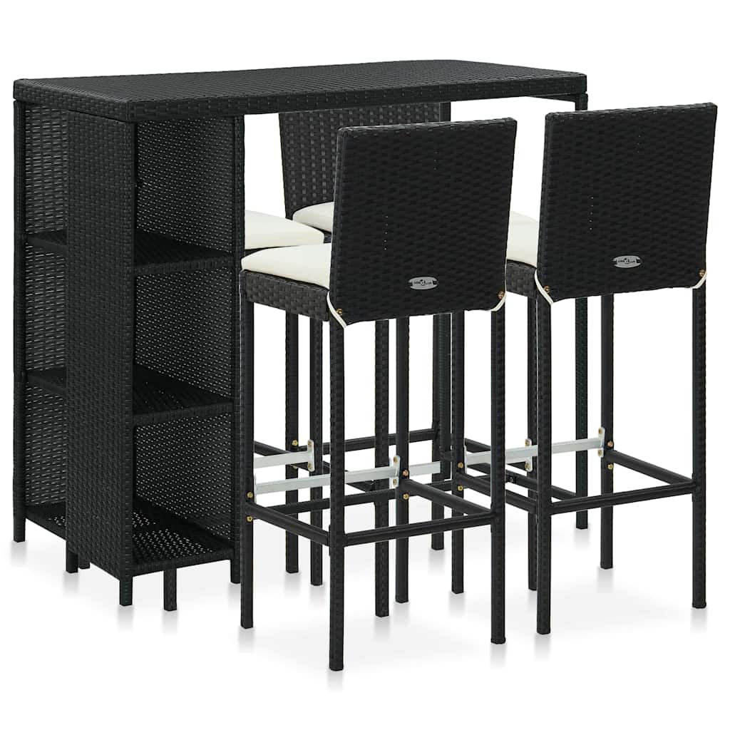 5-tlg. Gartenbar-Set mit Kissen Poly Rattan Schwarz