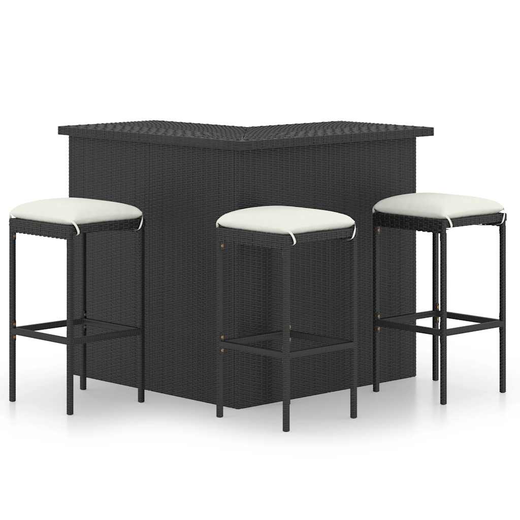 4-tlg. Gartenbar-Set mit Kissen Poly Rattan Schwarz