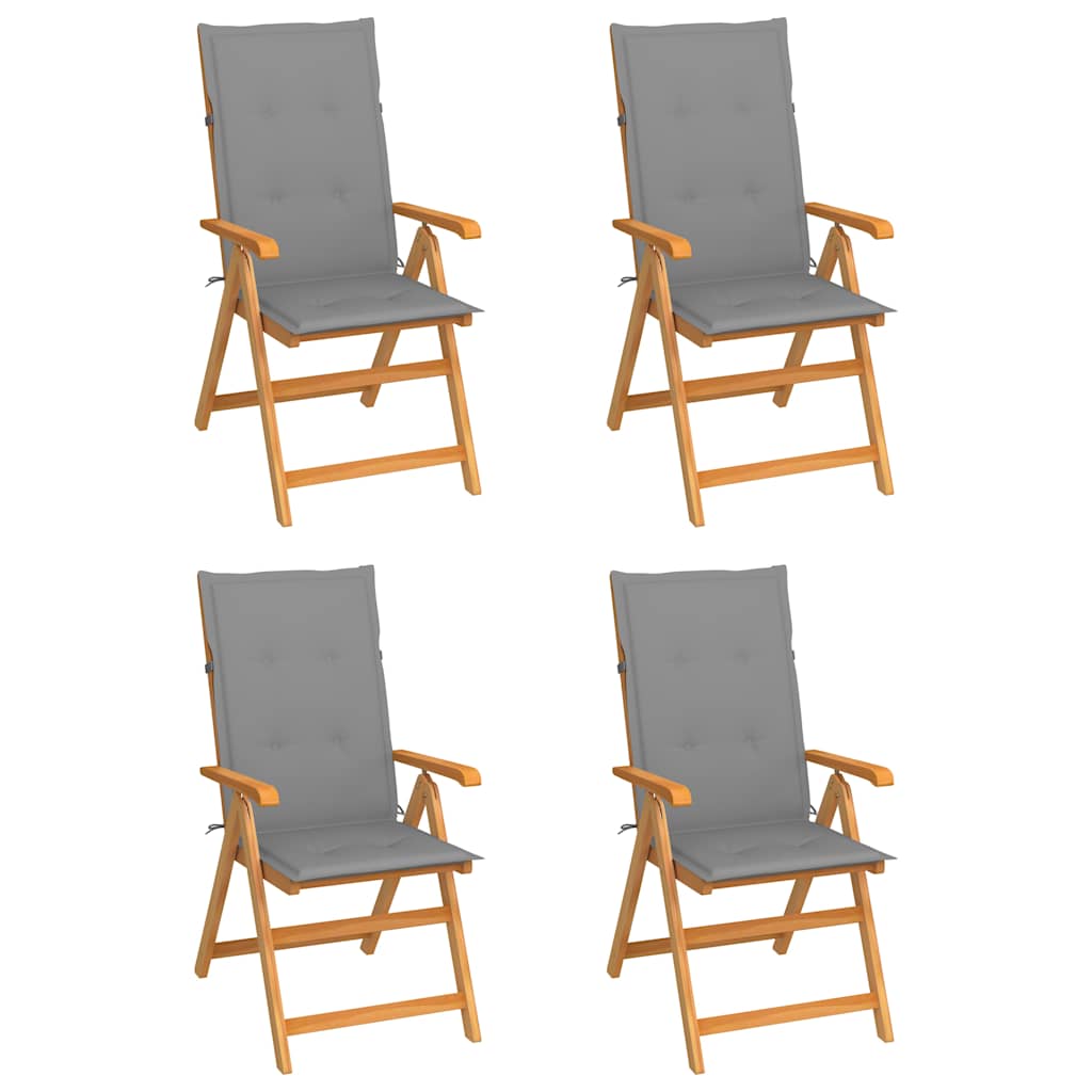 Klappstühle, 4er-Set mit grauen Kissen, aus massivem Teakholz
