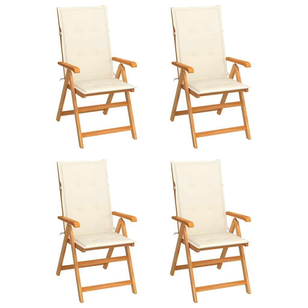 Klappstühle, 4er-Set mit cremefarbenen Kissen, aus massivem Teakholz
