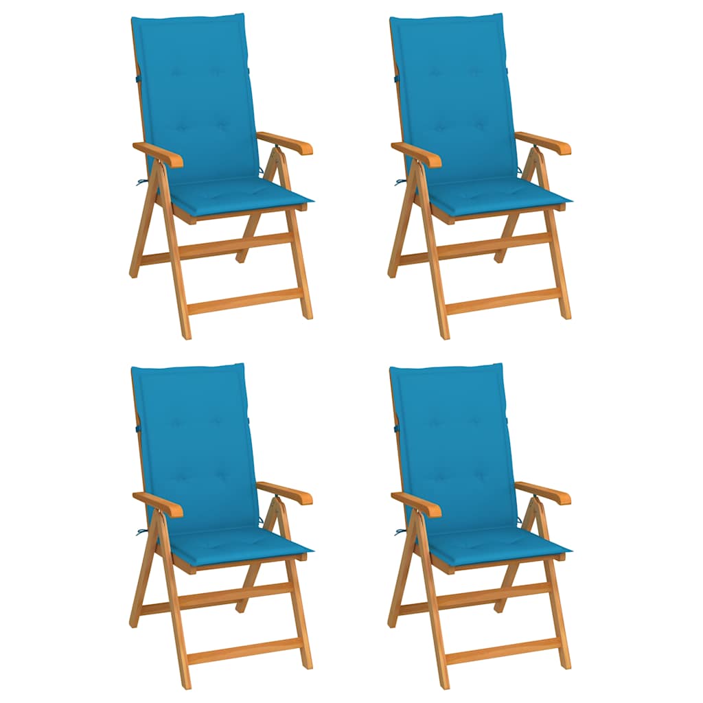 Klappstühle, 4er-Set mit blauen Kissen, aus massivem Teakholz