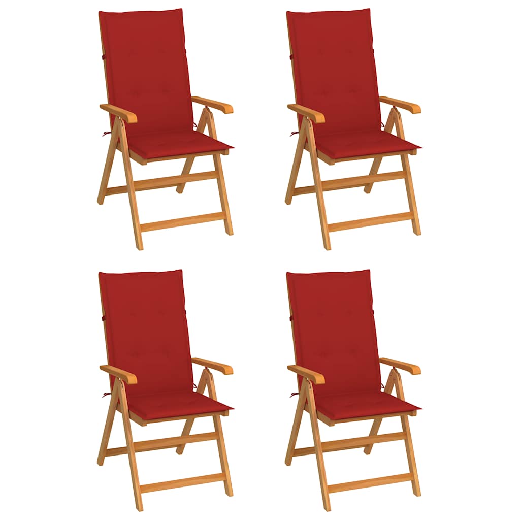 Klappstühle, 4er-Set mit roten Kissen, aus massivem Teakholz