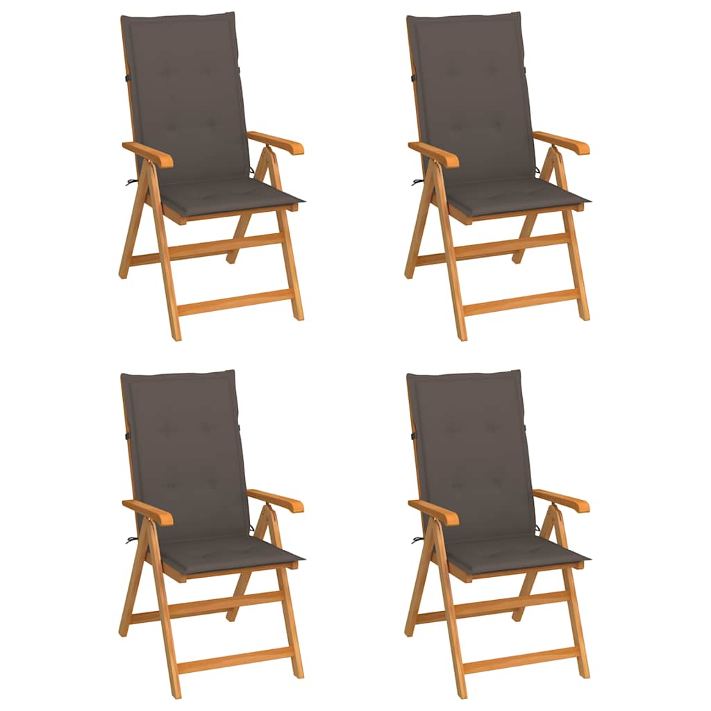 Klappstühle, 4er-Set, mit taupefarbenen Kissen, aus massivem Teakholz