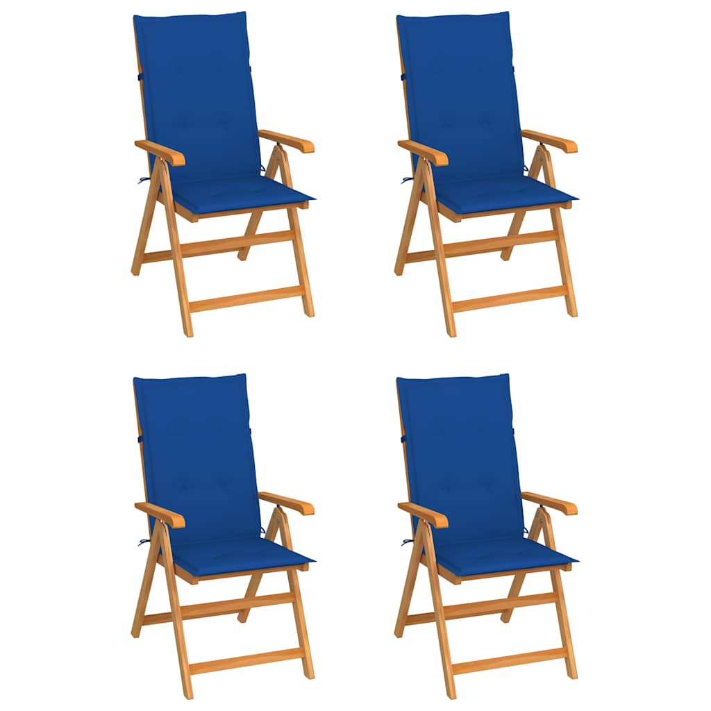 Klappstühle, 4er-Set, mit königsblauen Kissen, aus massivem Teakholz