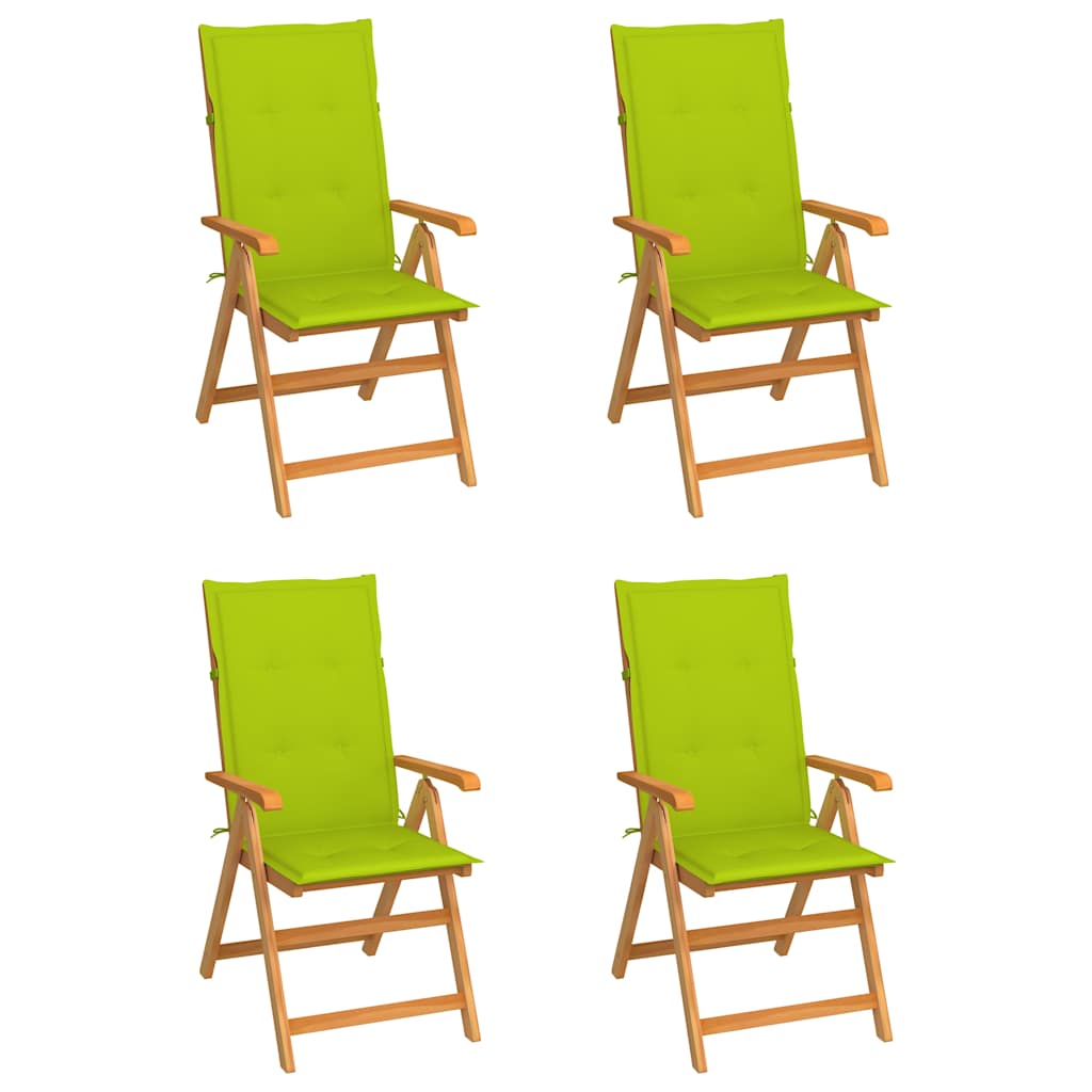 Klappstühle, 4er-Set, mit hellgrünen Kissen, aus massivem Teakholz