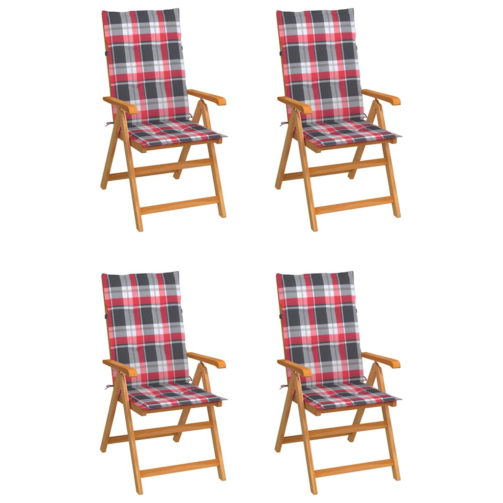 Klappstühle, 4er-Set, Kissen mit rotem Karomuster, Massivholz Teakholz