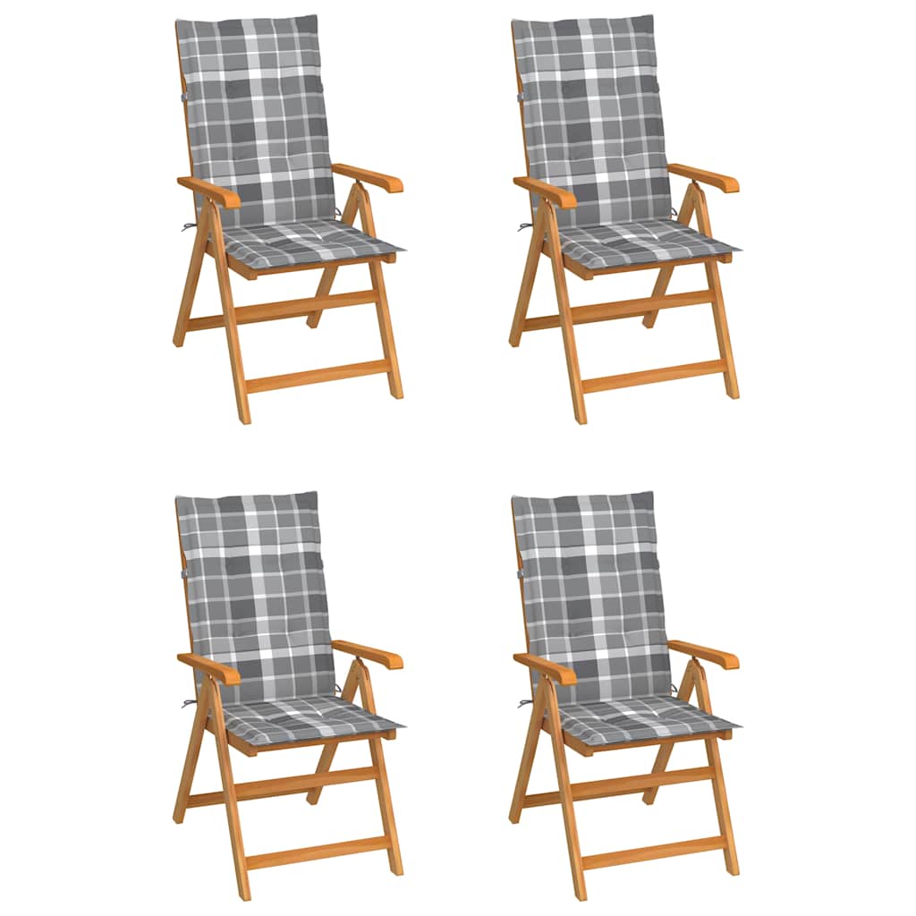 Klappstühle, 4er-Set, grau karierte Kissen, massives Teakholz