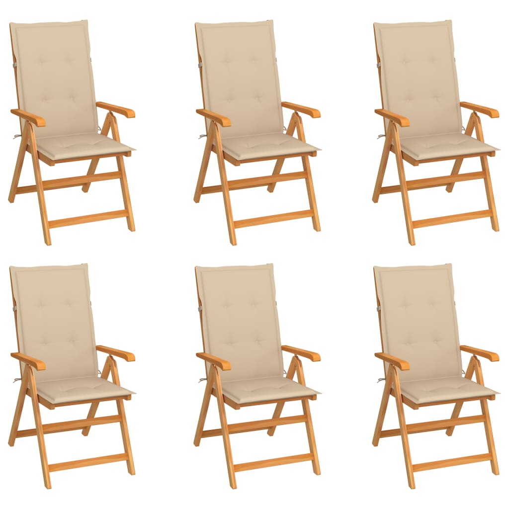 Klappstühle, 6er-Set, mit beigen Kissen, aus massivem Teakholz