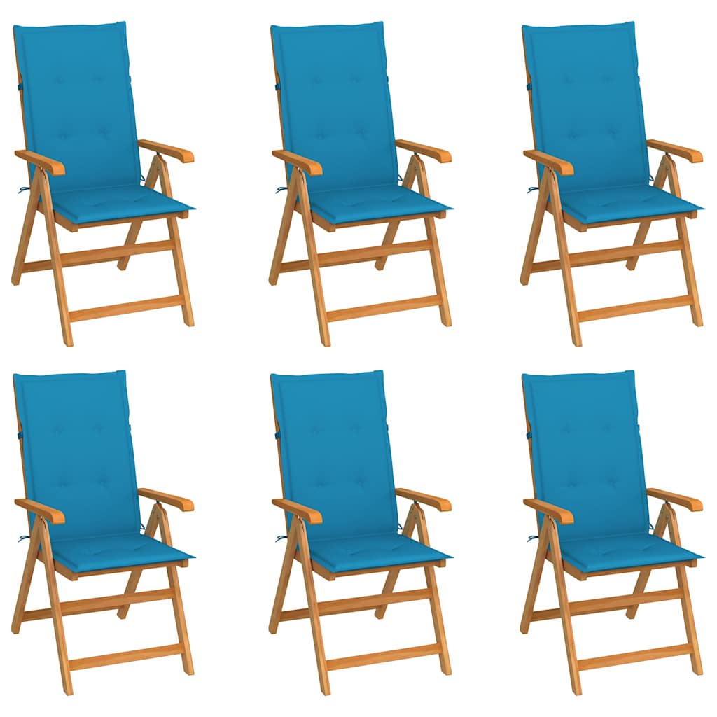 Klappstühle, 6er-Set mit blauen Kissen, aus massivem Teakholz