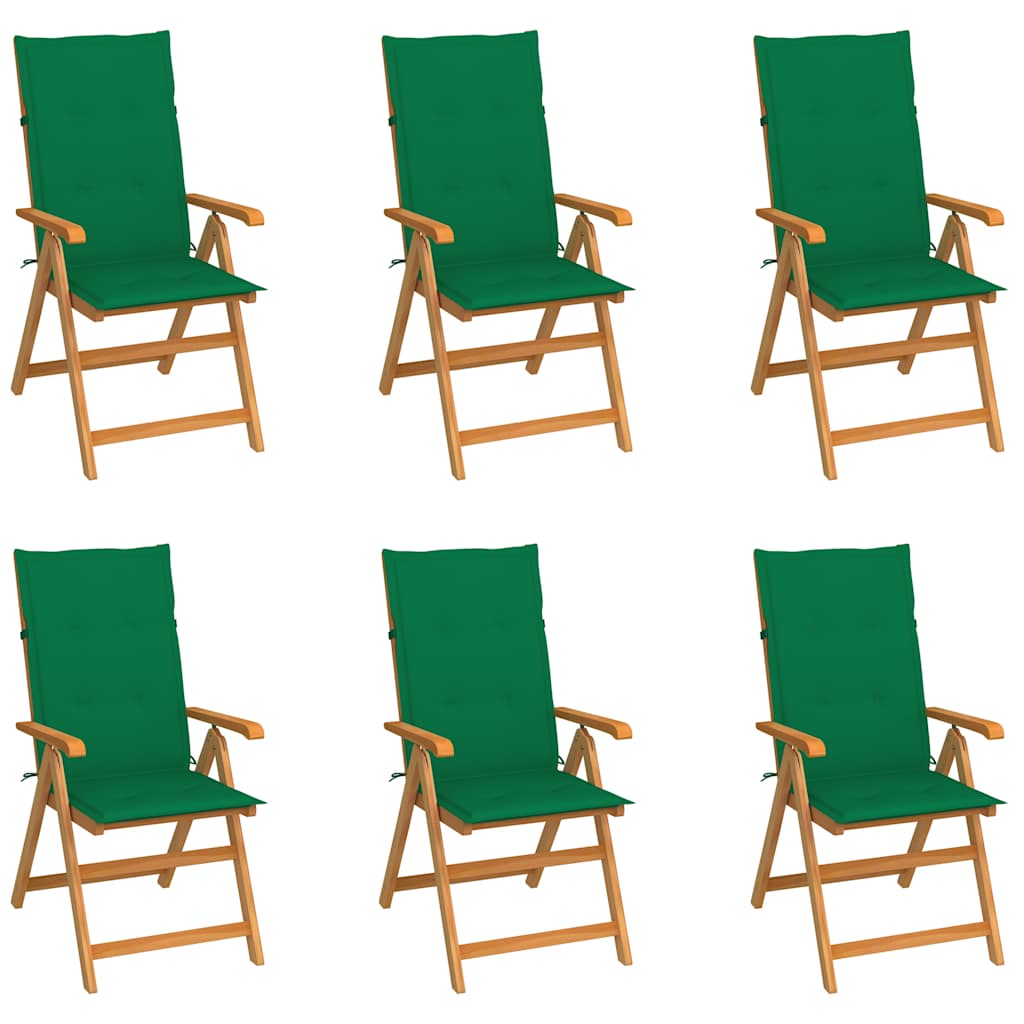 Klappstühle, 6er-Set mit grünen Kissen, aus massivem Teakholz
