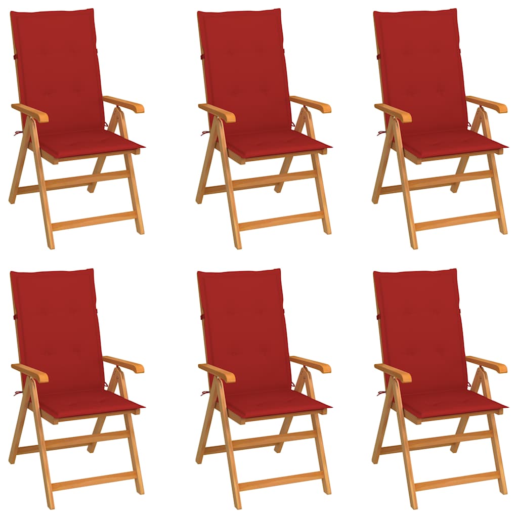 Klappstühle, 6er-Set mit roten Kissen, aus massivem Teakholz