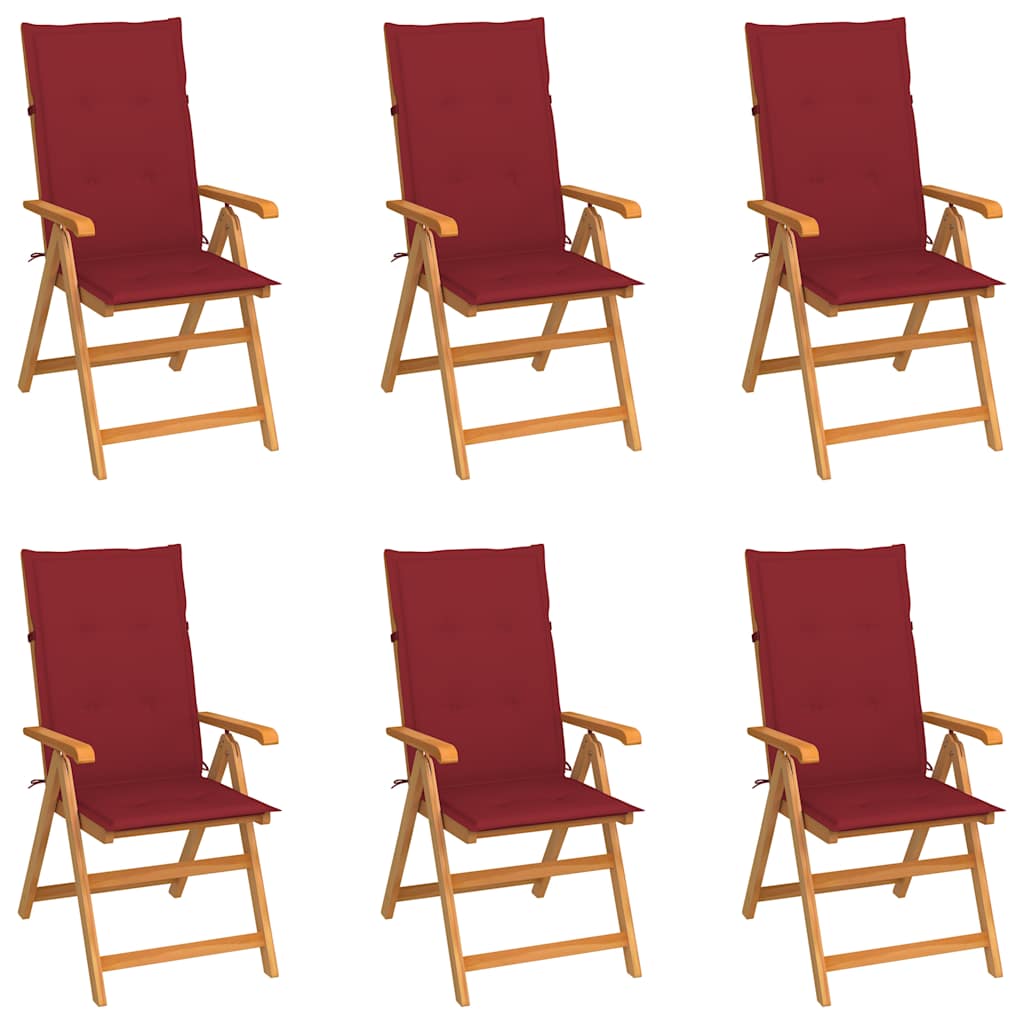 Klappstühle, 6er-Set, mit weinroten Kissen, aus massivem Teakholz