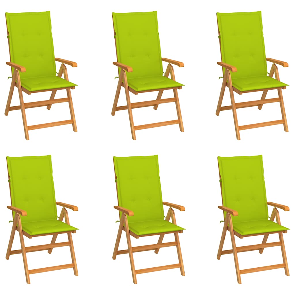 Klappstühle, 6er-Set, mit hellgrünen Kissen, aus massivem Teakholz