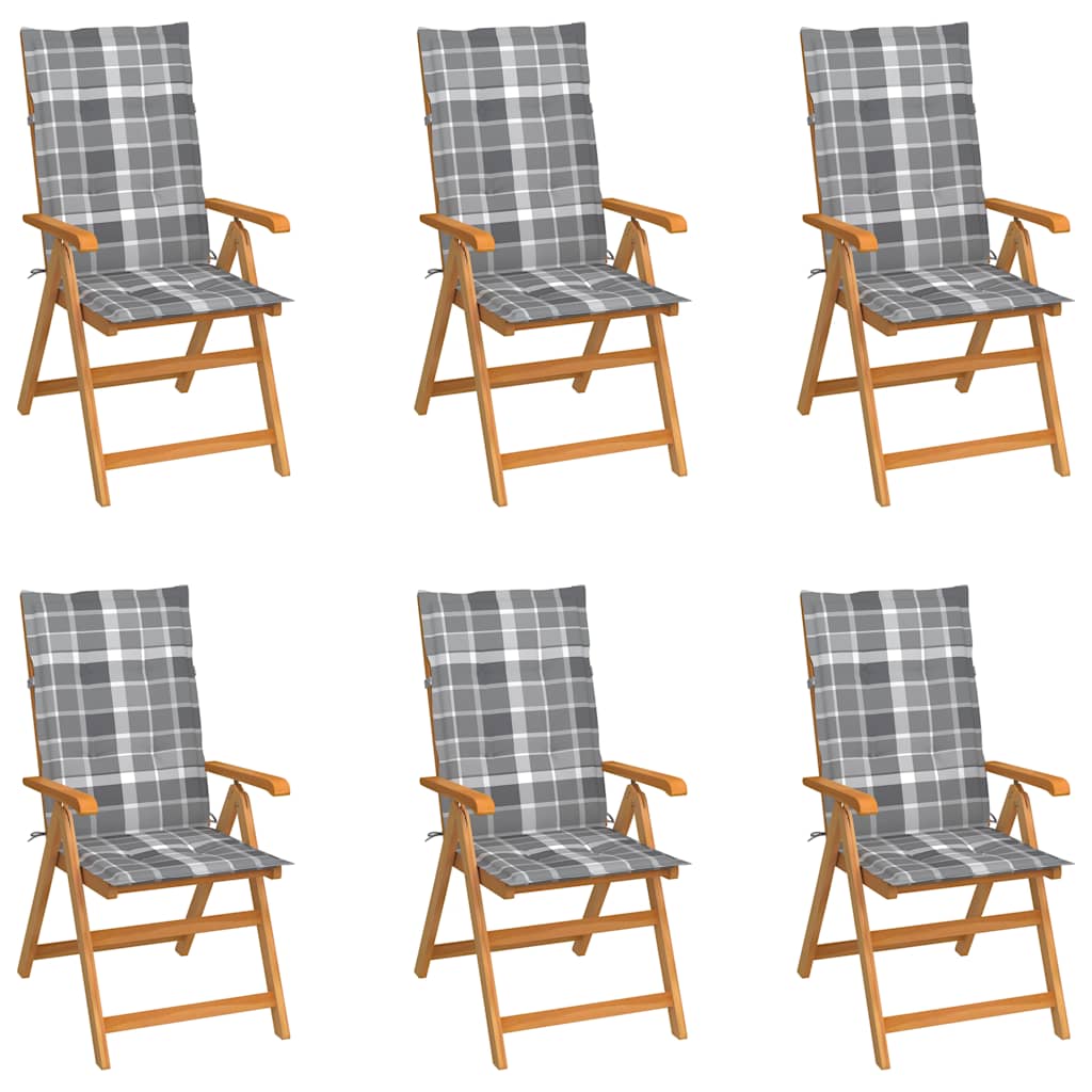 Klappstühle, 6-teilig, grau karierte Kissen, massives Teakholz