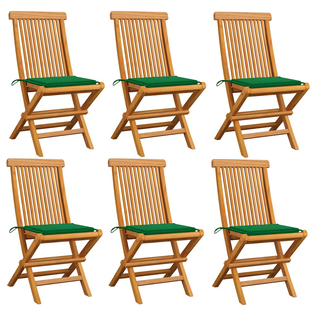 Klappstühle mit grünen Kissen, 6 Stück, Massivholz Teakholz