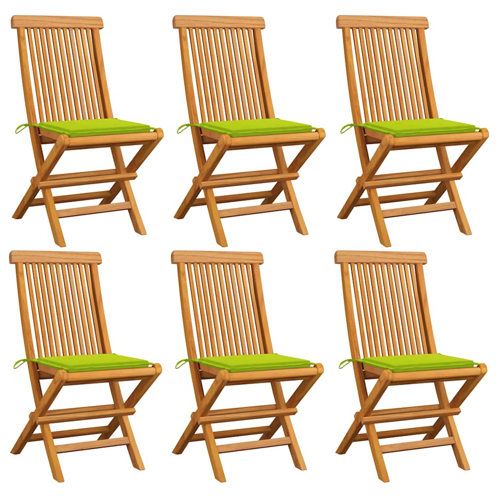 Klappstühle mit hellgrünen Kissen, 6 Stück, Massivholz Teakholz