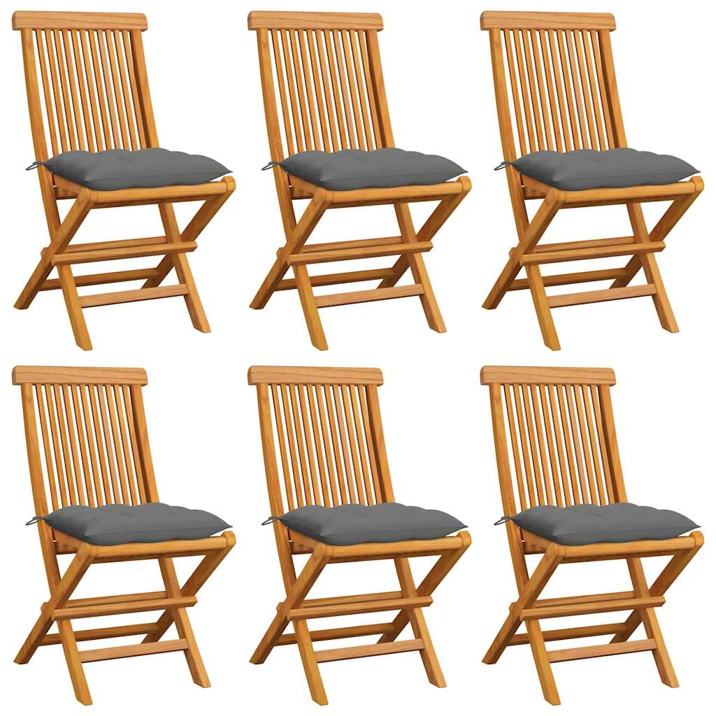 Klappstühle mit grauen Kissen, 6-teilig, Massivholz Teakholz