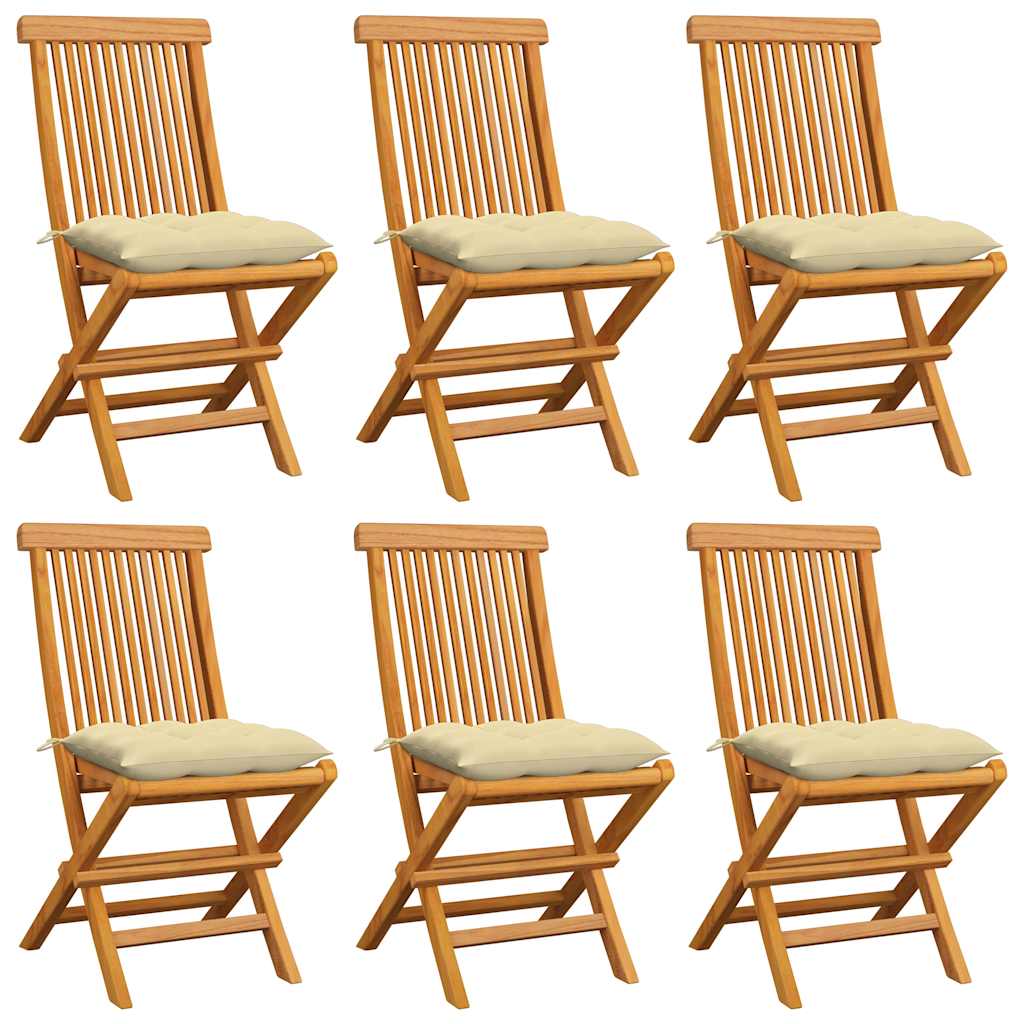 Klappstühle mit cremeweißen Kissen, 6-teilig, Massivholz Teakholz
