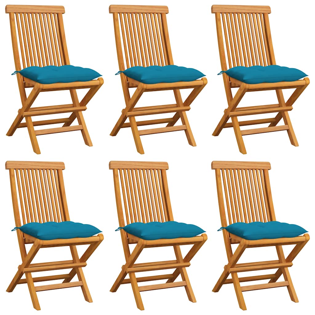 Klappstühle mit hellblauen Kissen, 6-teilig, Massivholz Teakholz