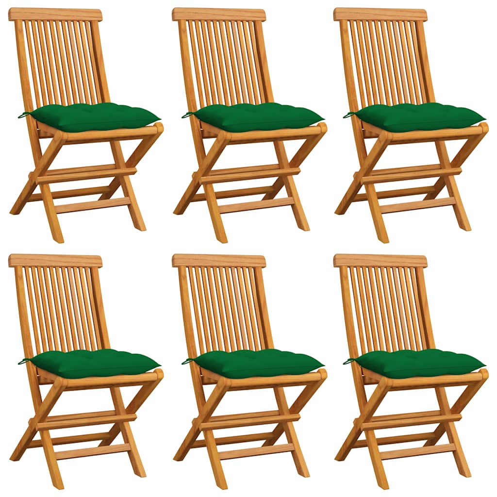 Klappstühle mit grünen Kissen, 6 Stück, Massivholz Teakholz
