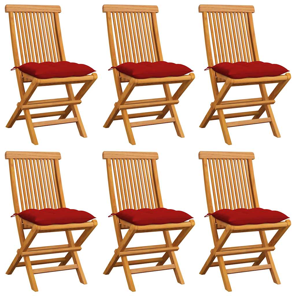Klappstühle mit roten Kissen, 6 Stück, Massivholz Teakholz