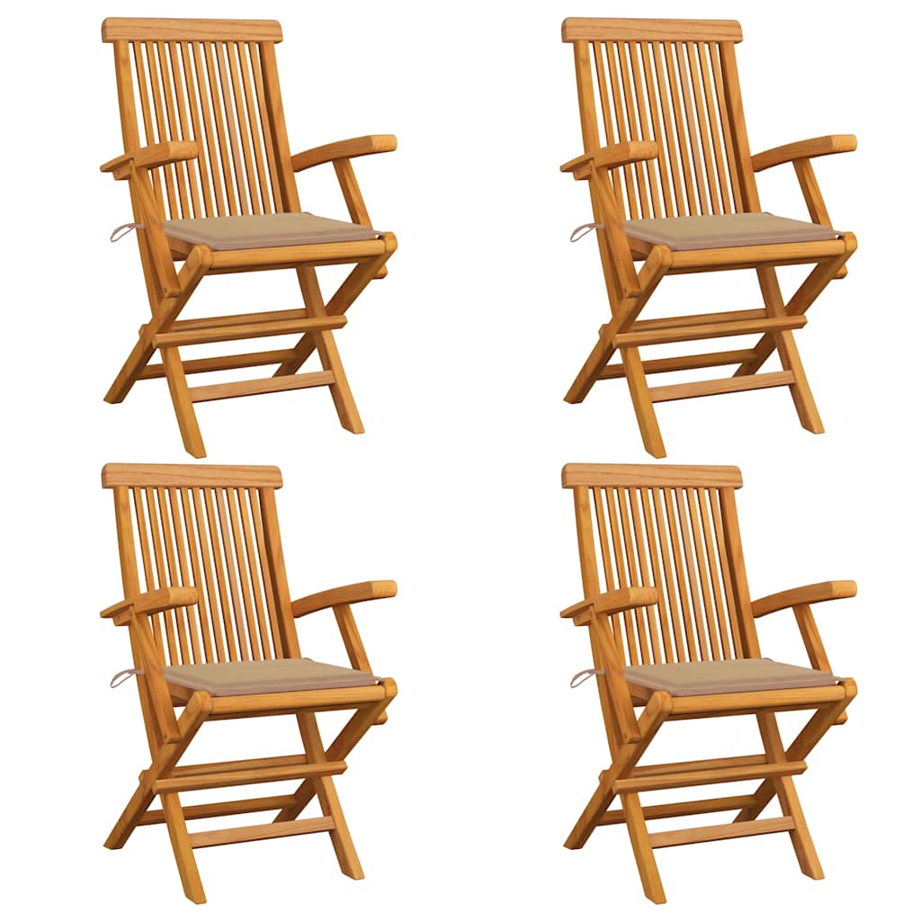 Klappstühle mit beigen Kissen, 4 Stück, Massivholz Teakholz