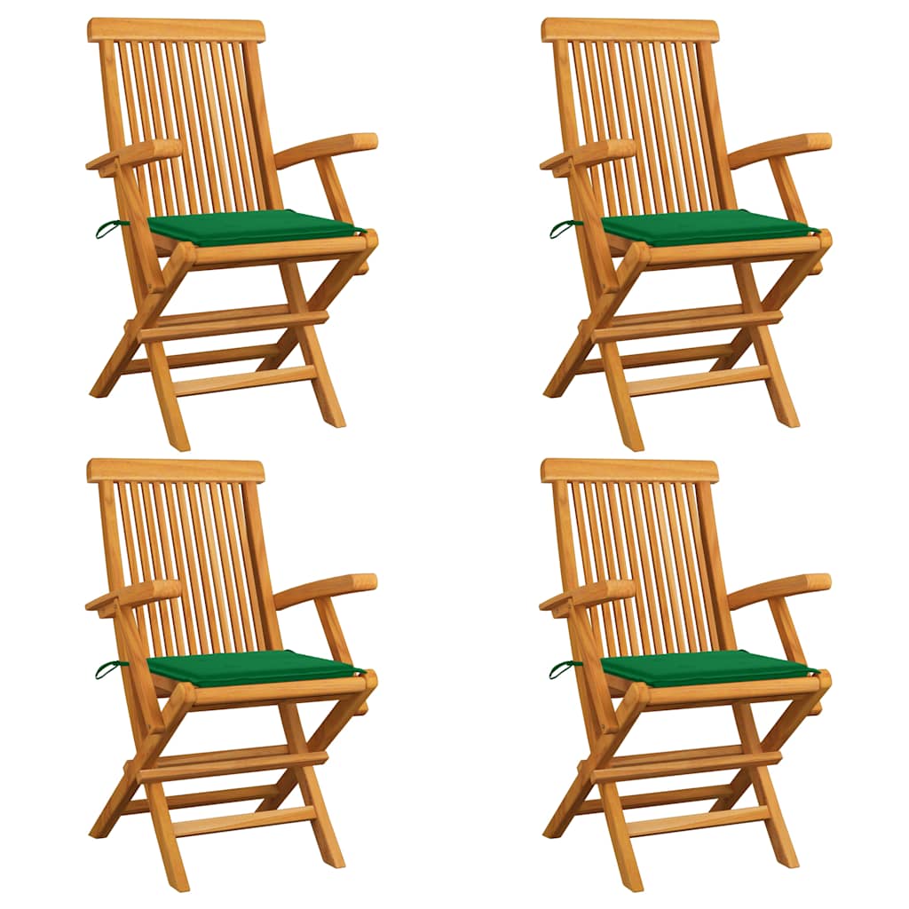 Klappstühle mit grünen Kissen, 4 Stück, Massivholz Teakholz
