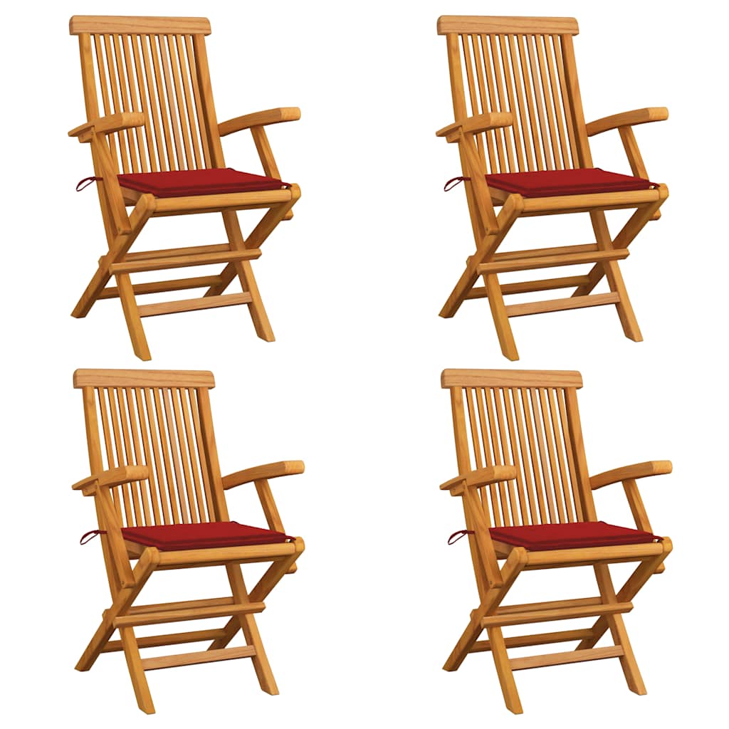 Klappstühle mit roten Kissen, 4 Stück, Massivholz Teakholz