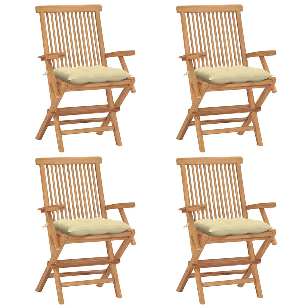 Klappstühle mit cremeweißen Kissen, 4 Stück, Massivholz Teakholz