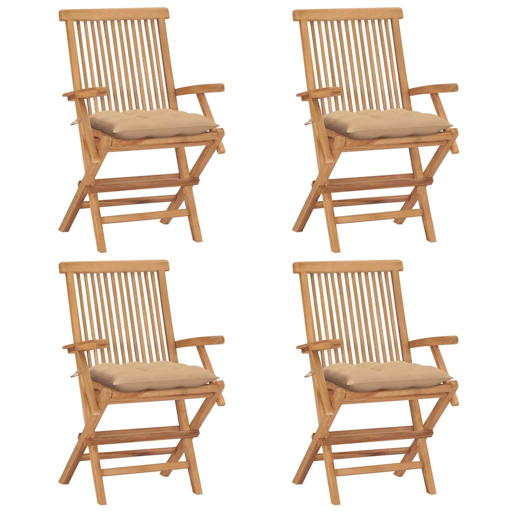 Klappstühle mit beigen Kissen, 4 Stück, Massivholz Teakholz