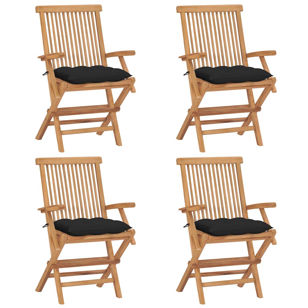 Klappstühle mit schwarzen Kissen, 4 Stück, Massivholz Teakholz