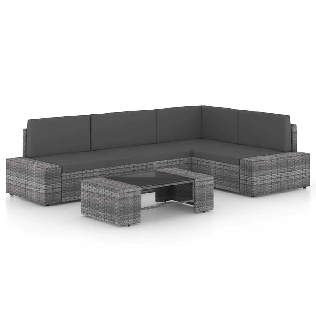 5-tlg. Garten-Lounge-Set mit Kissen Grau Poly Rattan