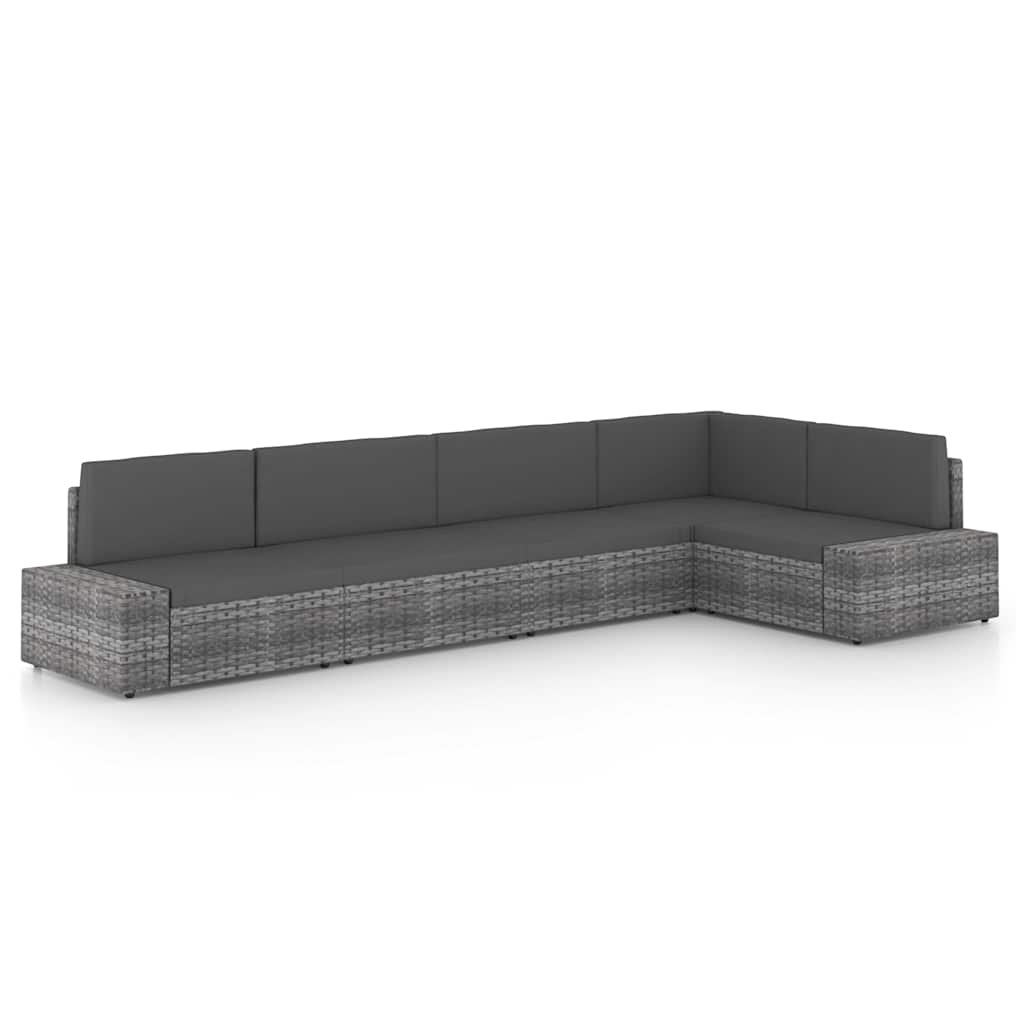 5-tlg. Garten-Lounge-Set mit Kissen Grau Poly Rattan