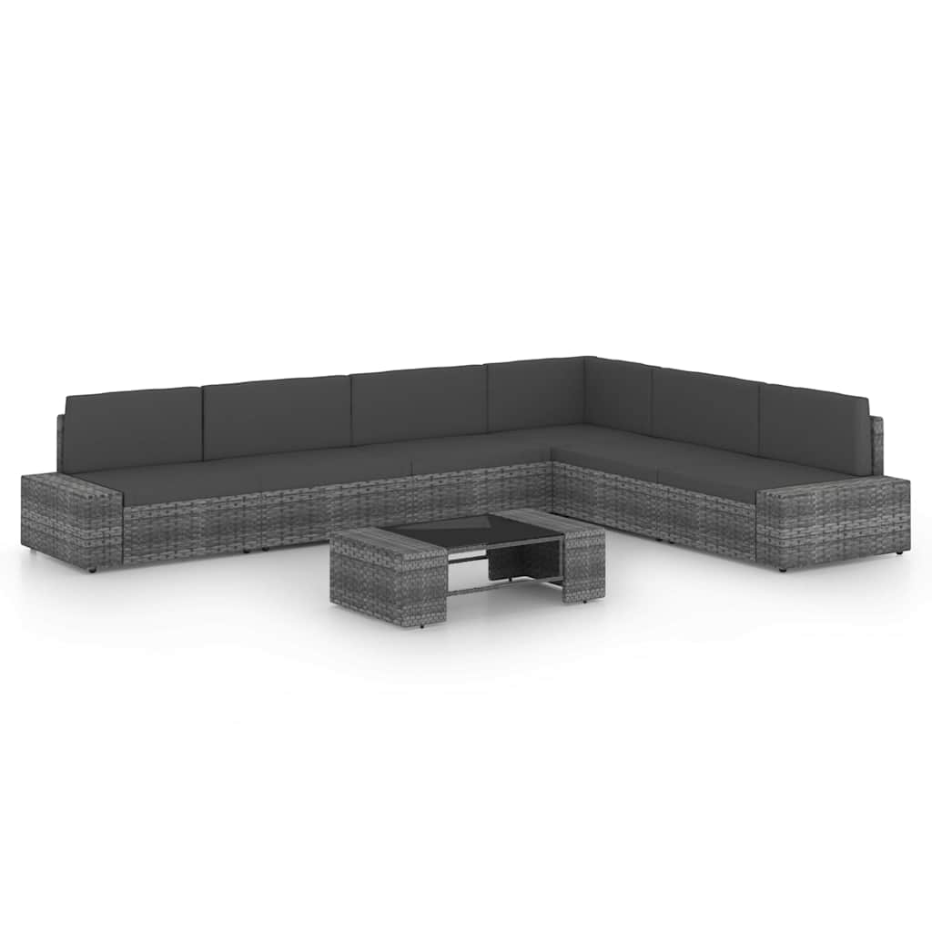 7-tlg. Garten-Lounge-Set mit Kissen Grau Poly Rattan