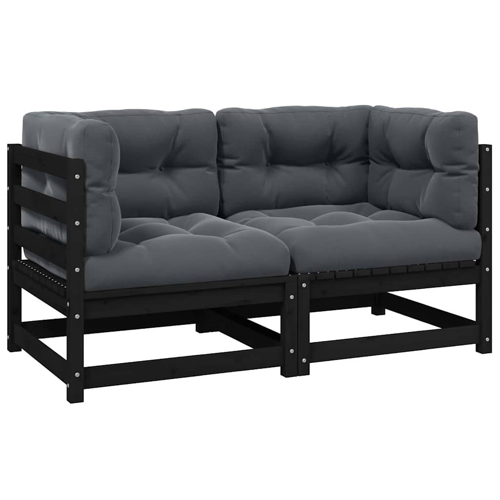 Gartensofa 2-Sitzer mit Kissen Schwarz Kiefer Massivholz