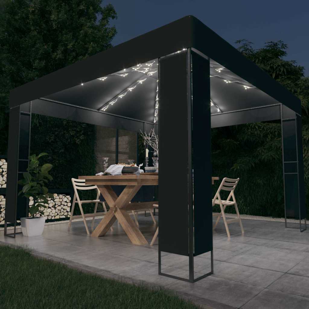 Pavillon mit Doppeldach & LED-Lichterkette 3x3 m Anthrazit