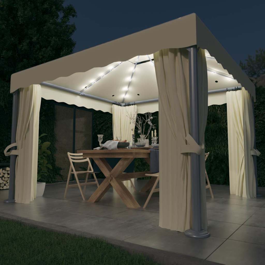 Pavillon mit Vorhängen & LED-Lichterkette 3x3 m Cremeweiß