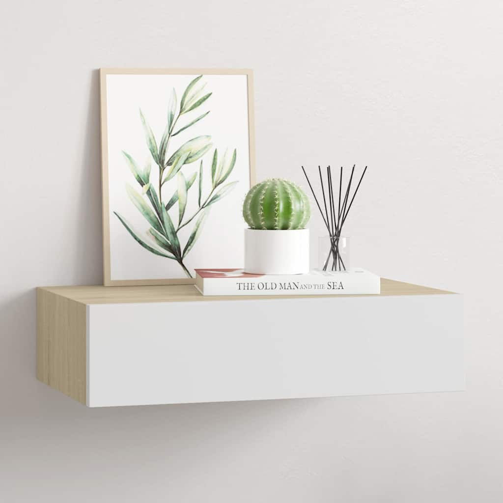 Wandmontiertes Schubladenregal Eiche und Weiß 40 x 23,5 x 10 cm MDF