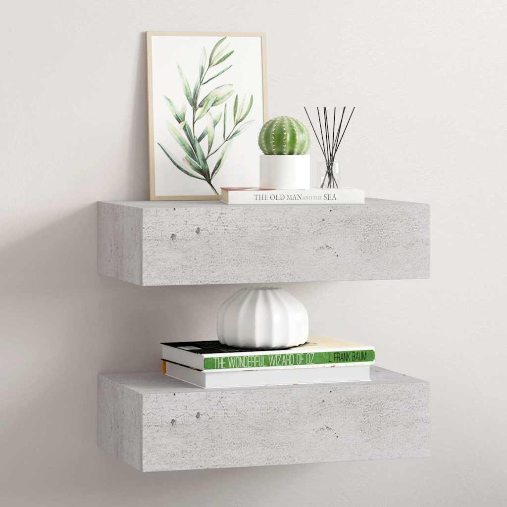Wandregale mit Schubladen 2 Stk. Betongrau 40x23,5x10 cm MDF