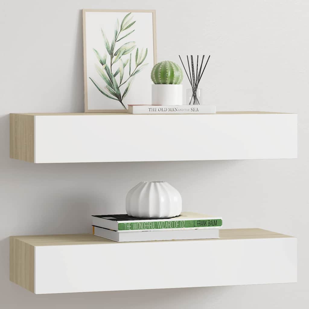 Wandschubladenregale 2 Stk. Eiche und Weiß 60x23,5x10cm MDF