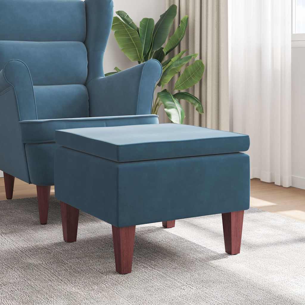 Hocker mit Holzbeinen Blau Samt